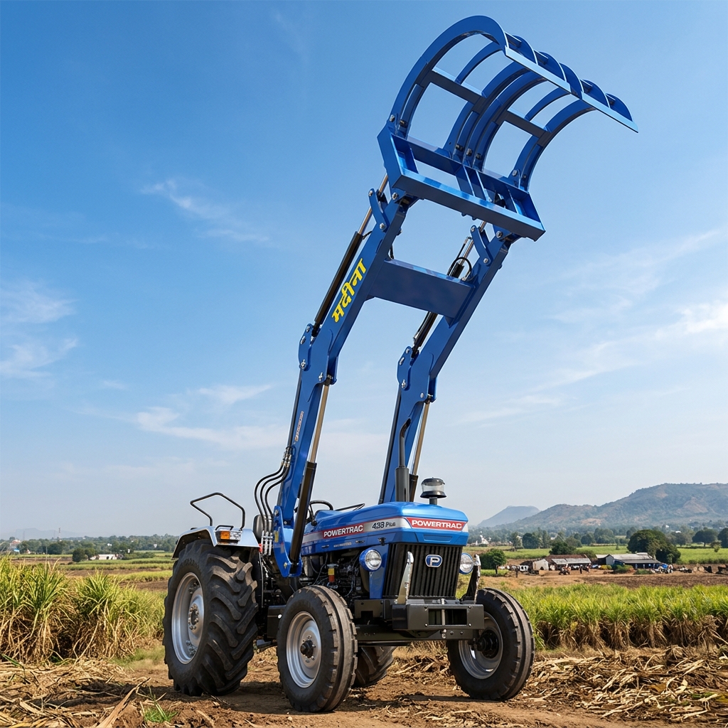 Blue Powertrac Tractor with Elevated Sugarcane Grabber