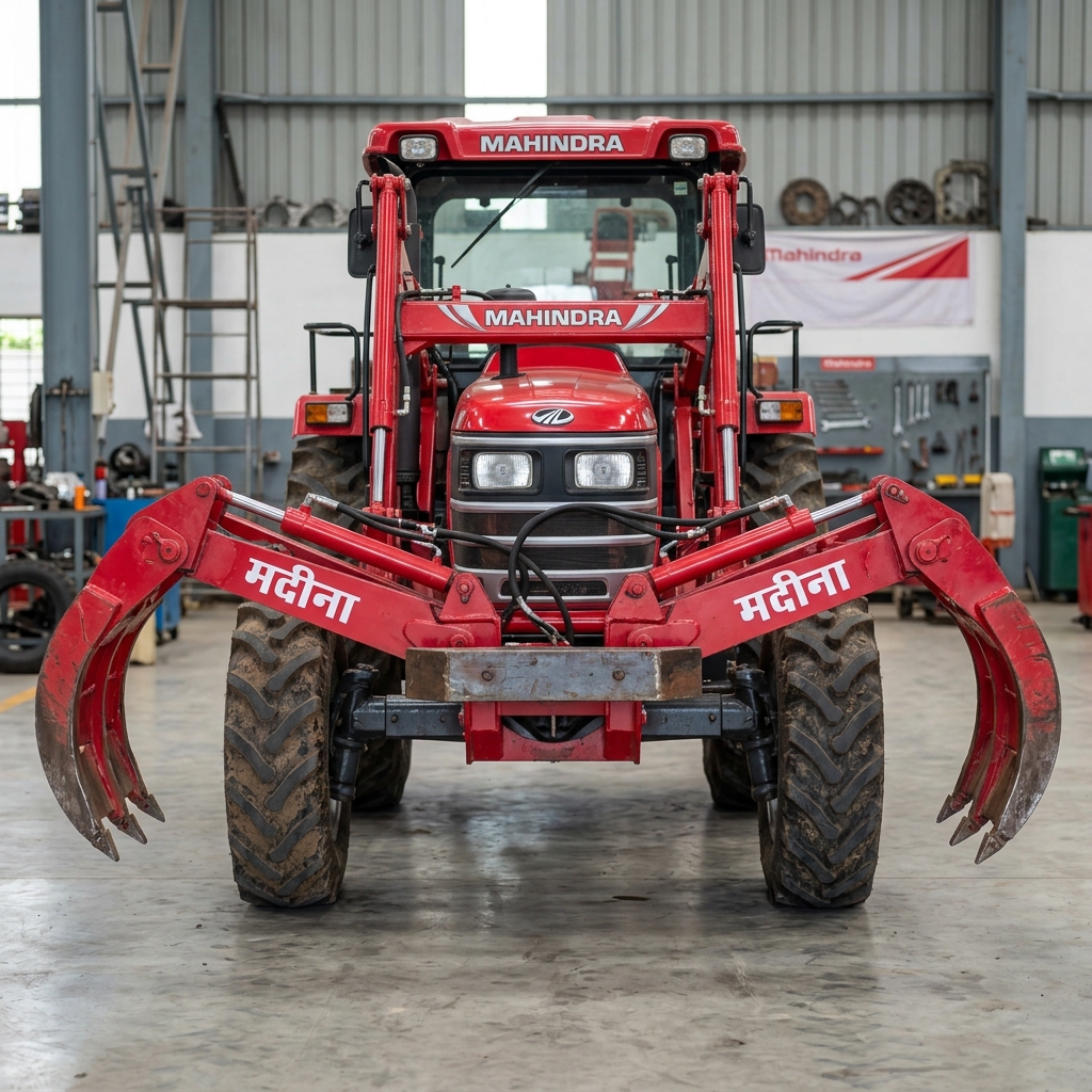 Red Mahindra Tractor with Sugarcane Grabber Front View