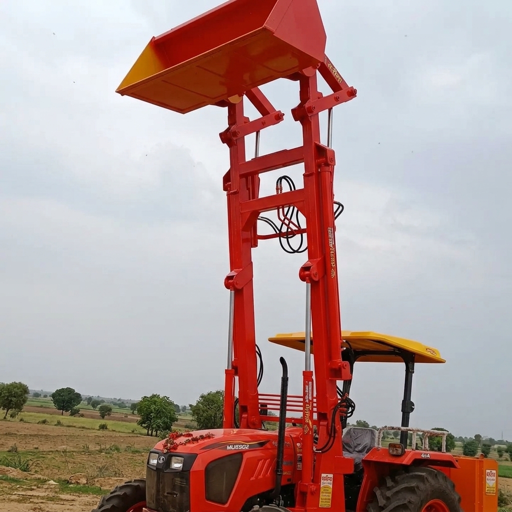 Red Madina Loader Bucket Raised - Kubota Tractor